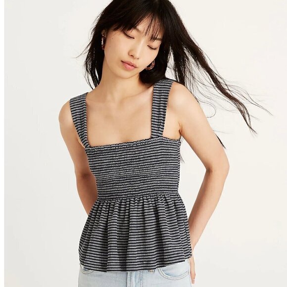 Madewell Texture & Thread Smocked Peplum Tank Top in Stripe Size Extra Small - Picture 1 of 9